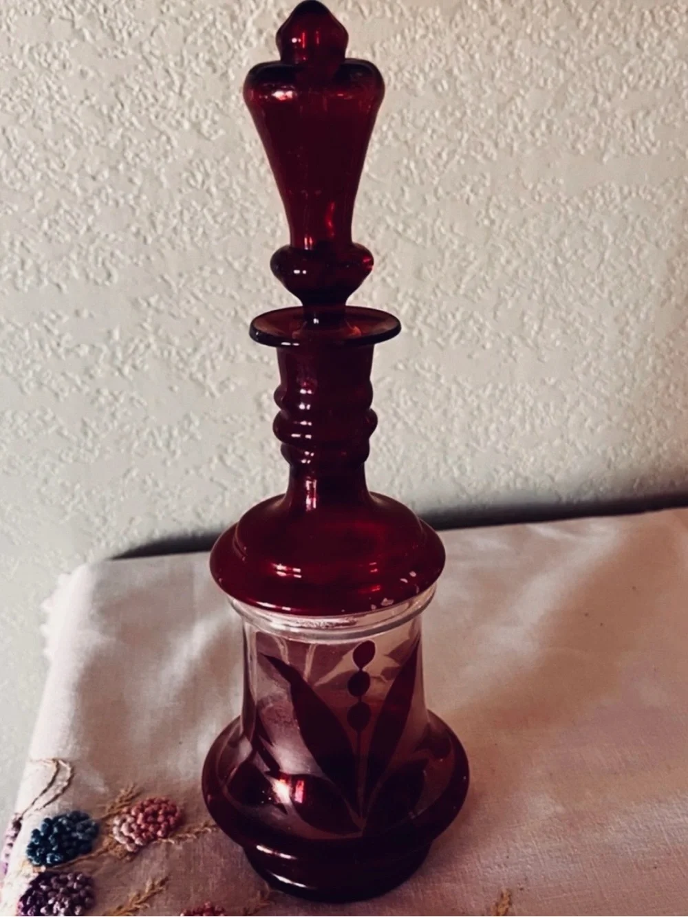 Vintage Ruby Red Decanter with Stopper Bohemian Style Glass Floral Etched Design